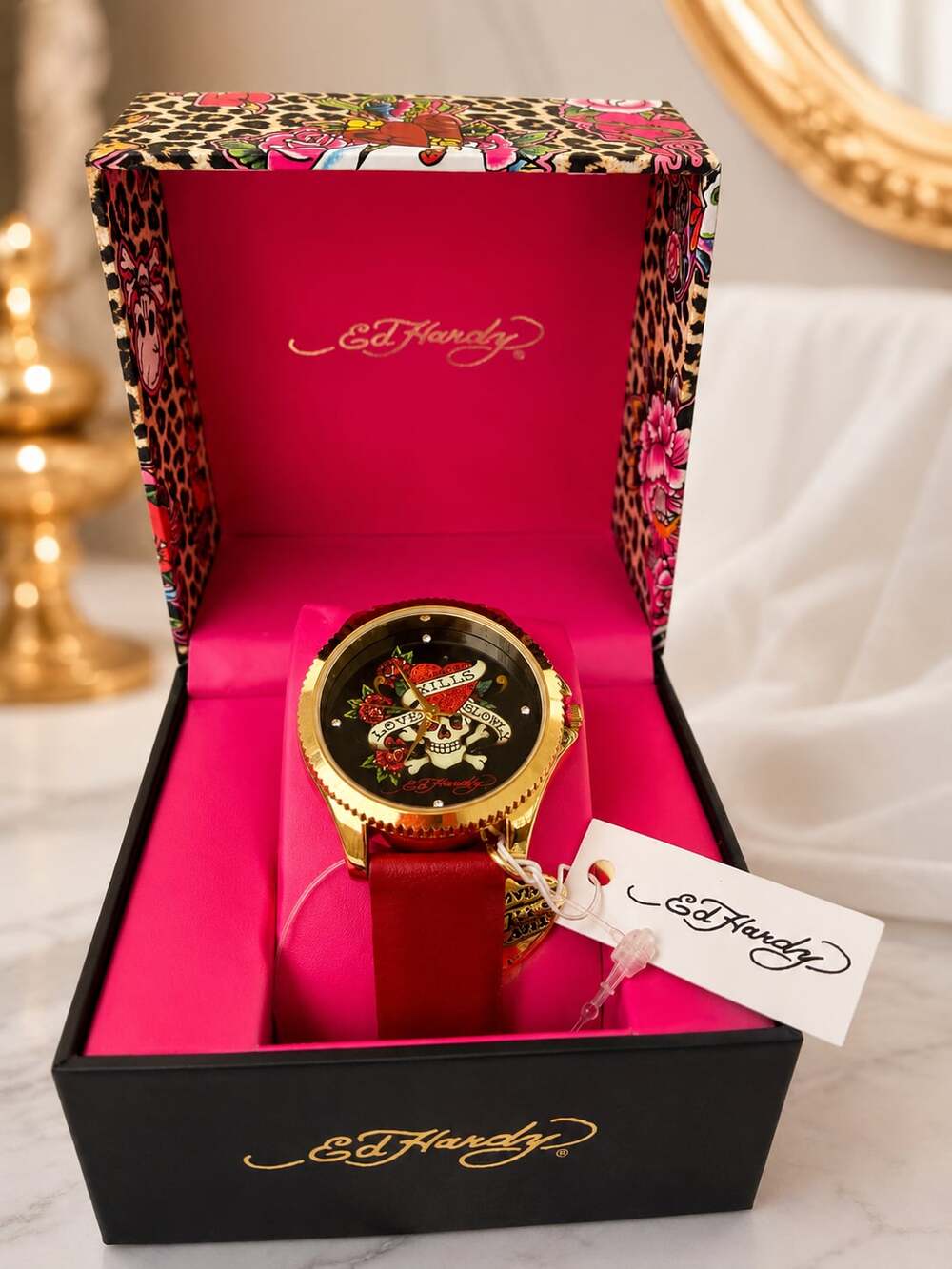 Ed Hardy Love Kills Slowly Gold-Tone Skull & Rose Dial Watch with Red Strap
